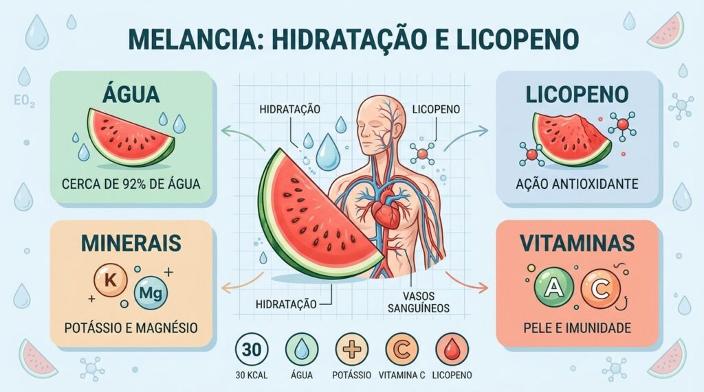 Água, licopeno, minerais e vitaminas tornam a melancia uma escolha refrescante e nutritiva.