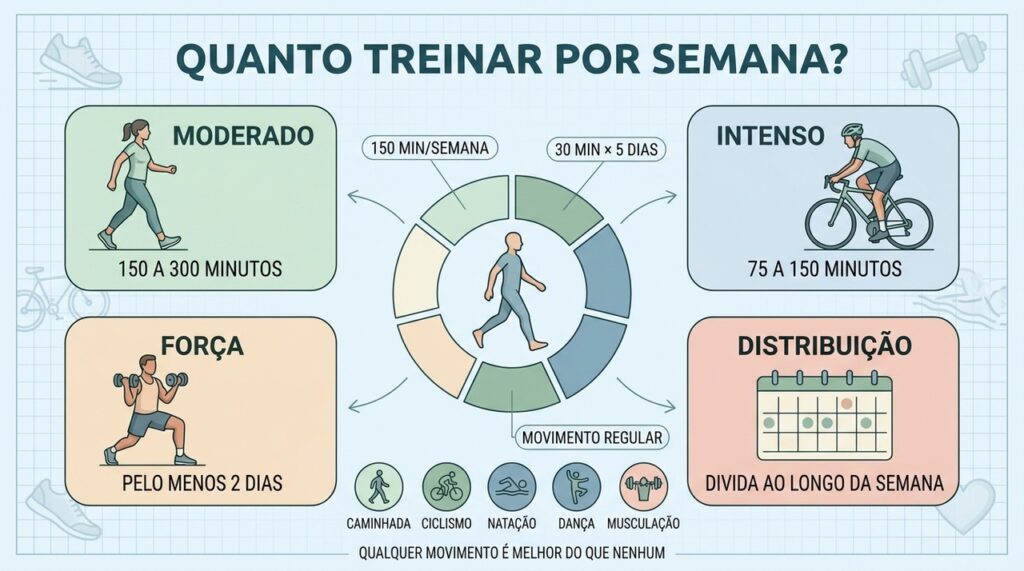 Atividade moderada, treino intenso e força podem ser distribuídos durante a semana.