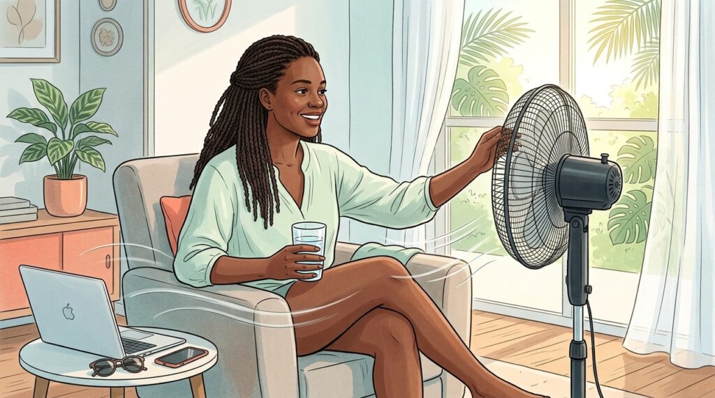 Ventilador longe do rosto e hidratação ajudam a preservar o conforto ocular.