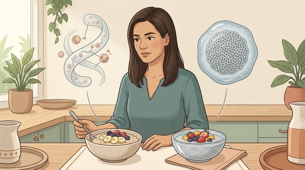 No café da manhã, aveia favorece o LDL e chia complementa fibras e saciedade.