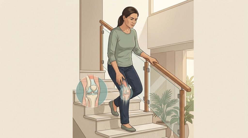 Dor ao subir escadas pode estar ligada à fraqueza muscular e à articulação patelofemoral.