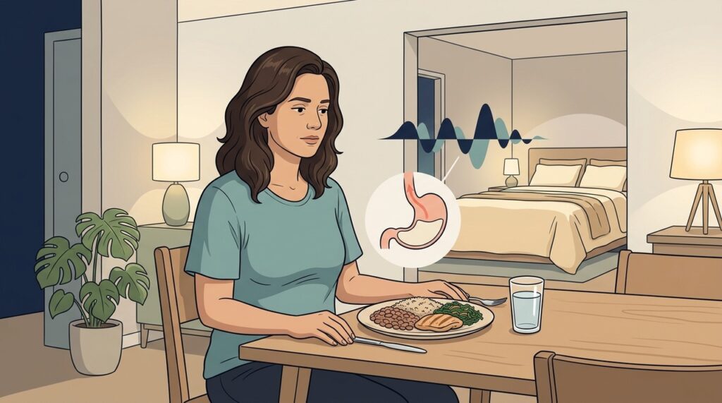 Estômago cheio e posição deitada podem facilitar refluxo durante a noite.