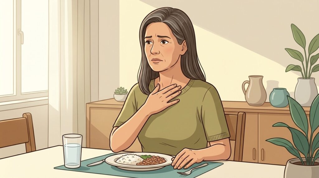 Disfagia pode causar a impressão de comida parada na garganta ou no peito.