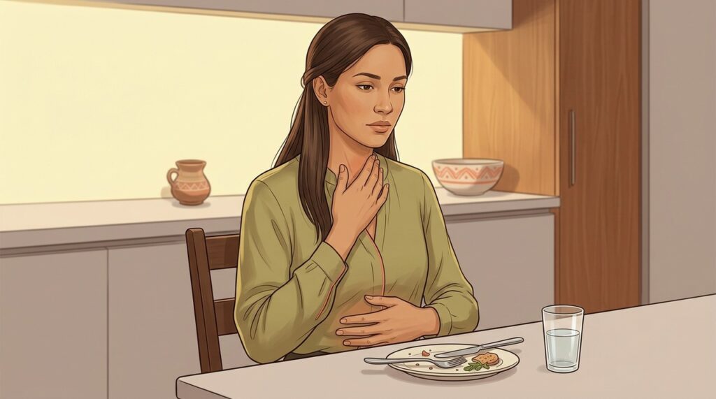 Queimação após as refeições e irritação na garganta podem acompanhar o refluxo gastroesofágico.
