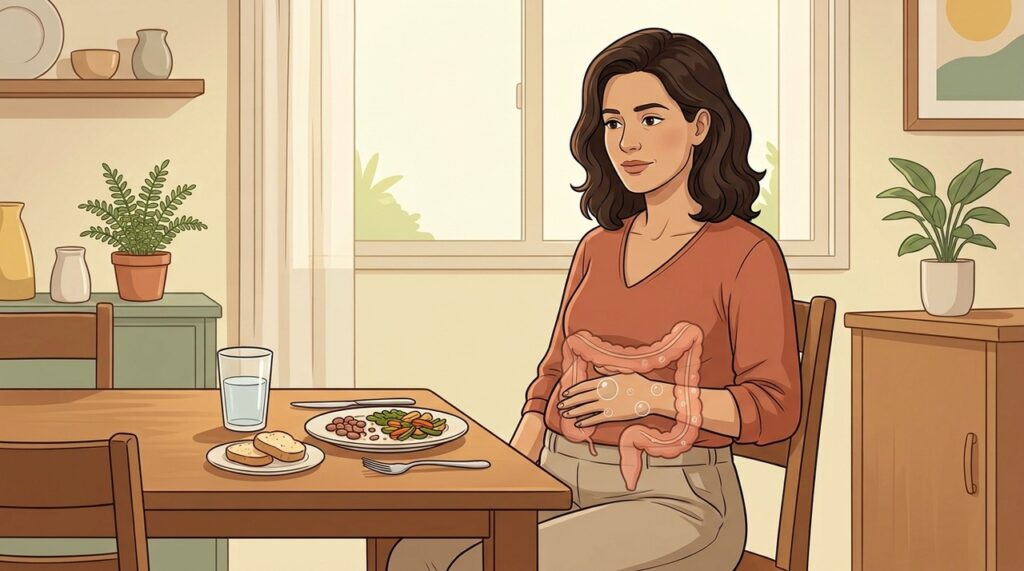 Gases da fermentação intestinal podem distender o abdômen mesmo após pouca comida.