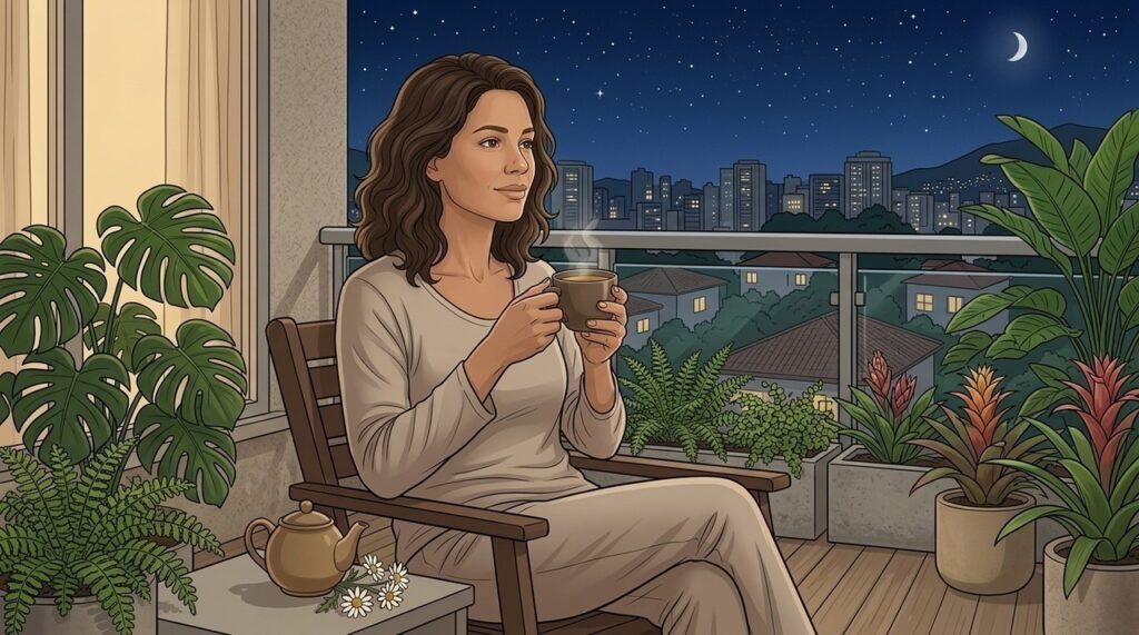 O ritual noturno com ervas pode favorecer desaceleração e sensação de relaxamento antes do sono.