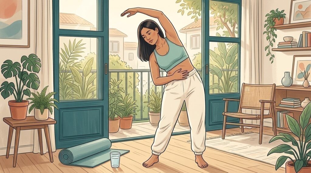 Caminhada leve e alongamentos suaves podem reduzir o desconforto durante a menstruação.
