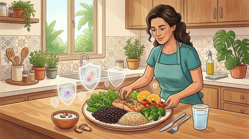 Frutas, proteínas, fibras e fermentados formam uma base alimentar mais completa.
