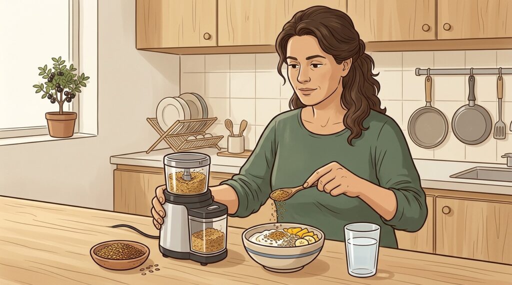 Triturar a linhaça antes de consumir melhora o aproveitamento de seus nutrientes.