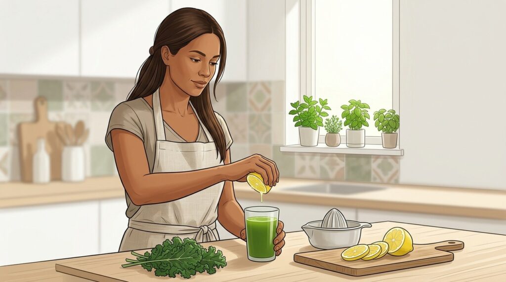 Couve e limão combinam vitaminas, minerais e compostos bioativos em uma bebida nutritiva.