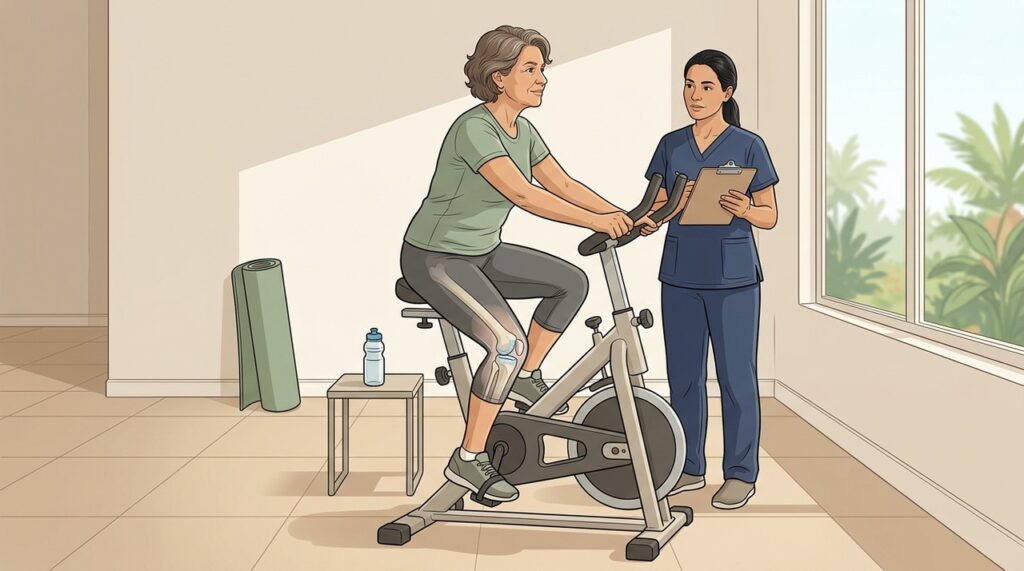 O pedal contínuo movimenta a articulação e fortalece músculos sem impacto excessivo.