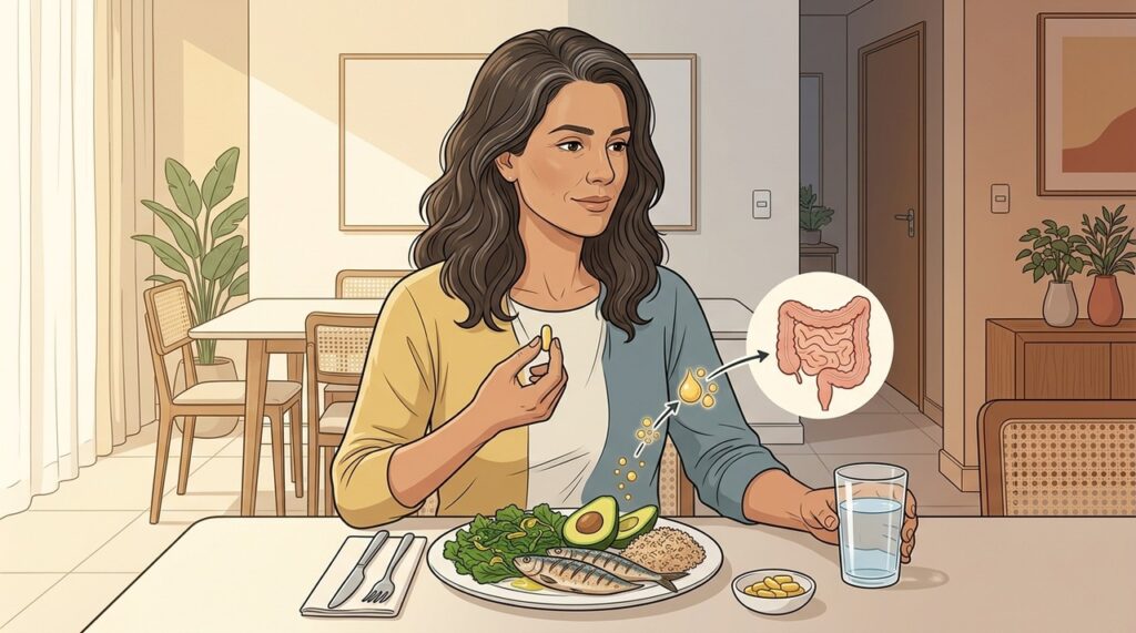 Manhã ou noite podem funcionar quando a vitamina D integra uma refeição adequada.