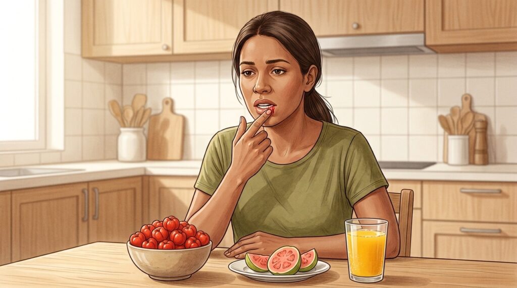 Gengivas sangrantes e hematomas frequentes podem acompanhar a deficiência prolongada de vitamina C.