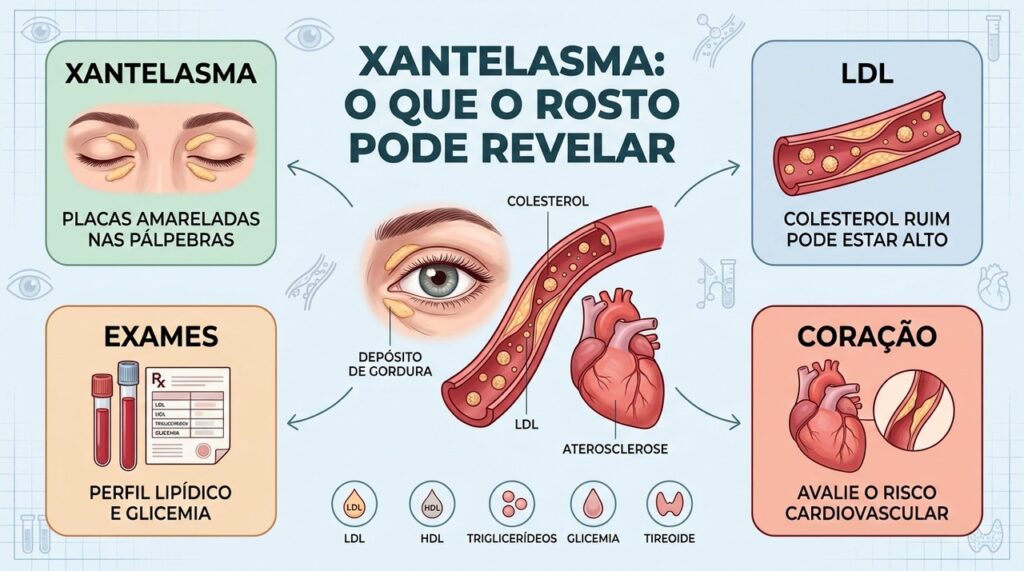 Xantelasma pode acompanhar alterações no colesterol e merece avaliação do risco cardiovascular.