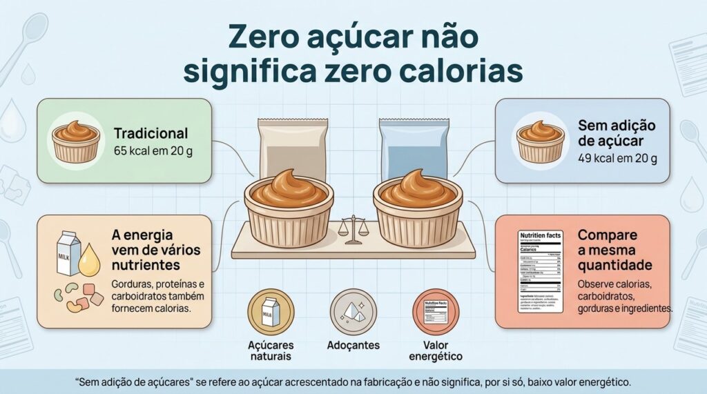 A redução de açúcar pode diminuir as calorias, mas outros nutrientes continuam contribuindo para o valor energético.