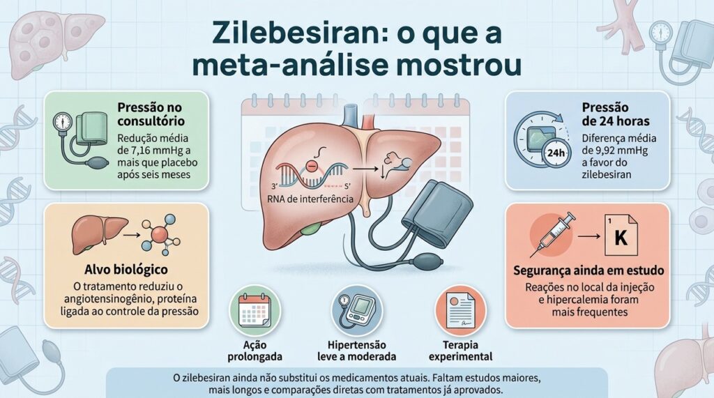 A meta-análise encontrou redução da pressão arterial, mas o zilebesiran ainda é experimental e sua segurança de longo prazo não está definida.