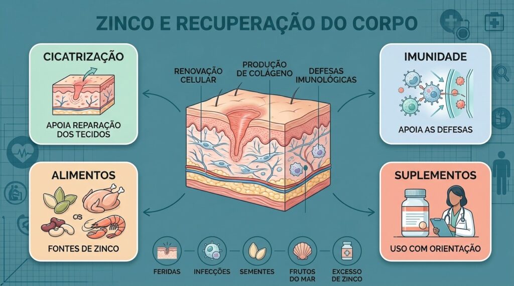 Zinco apoia cicatrização, imunidade e renovação celular, especialmente quando há deficiência do mineral.