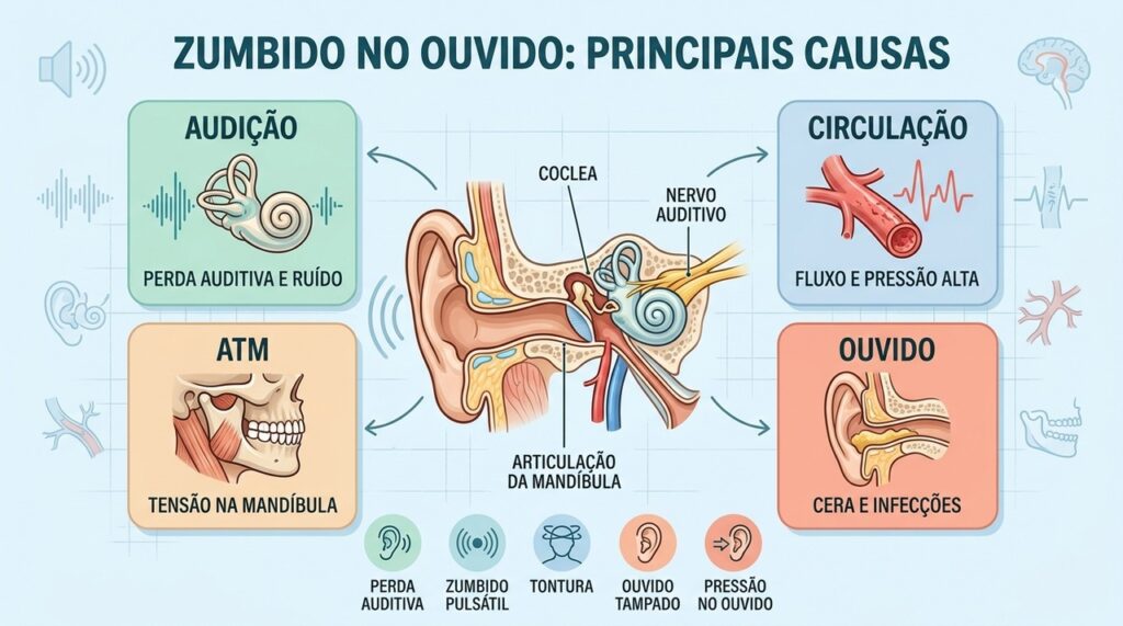 Audição, circulação, ATM e alterações no ouvido estão entre as causas possíveis do zumbido.