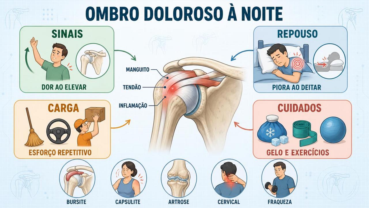 Infográfico resume sinais, sobrecarga, dor noturna e cuidados na tendinite do ombro.