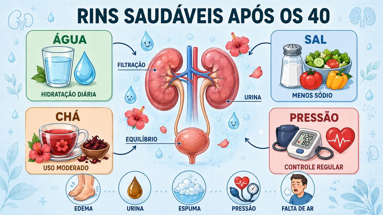 Hidratação, menos sal, chá moderado e pressão controlada protegem os rins.