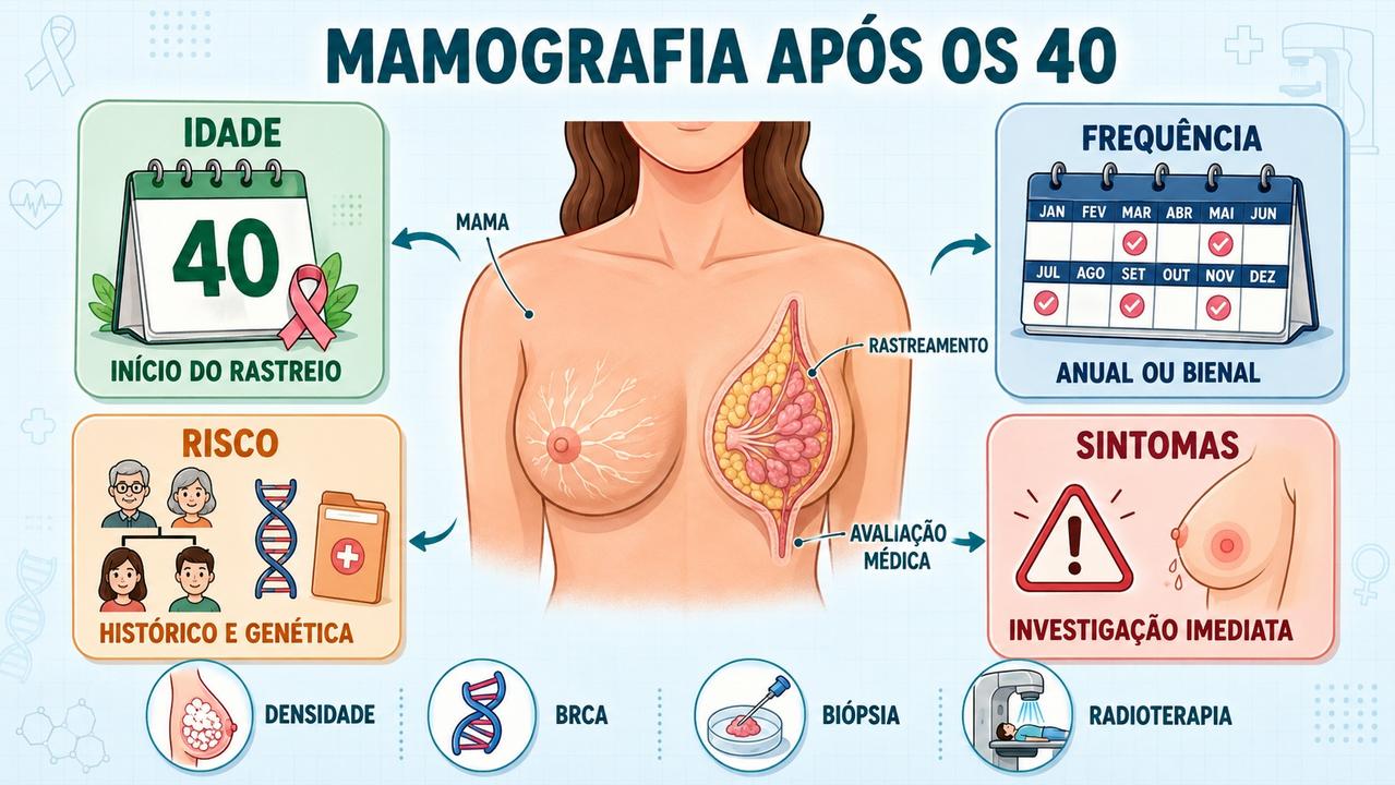 Idade, frequência, risco e sintomas orientam a mamografia e o seguimento.