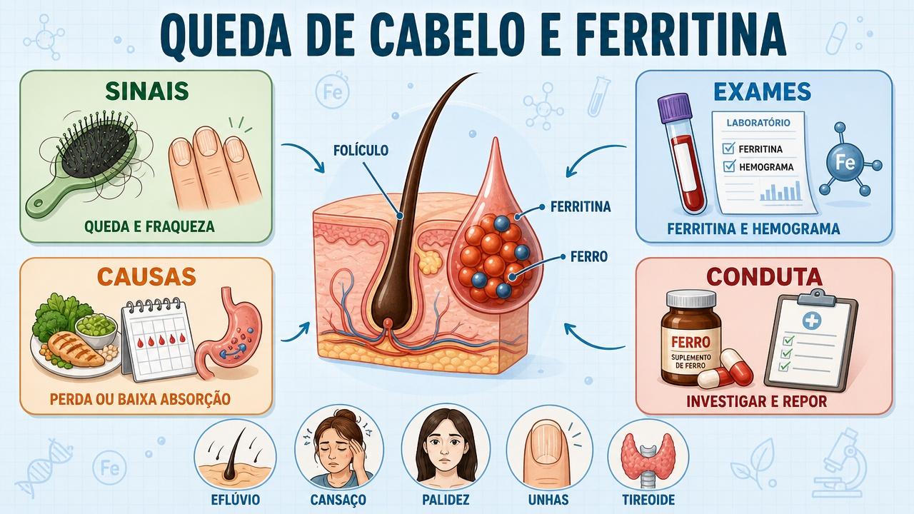 Infográfico resume sinais, exames, causas e conduta na queda ligada à ferritina.