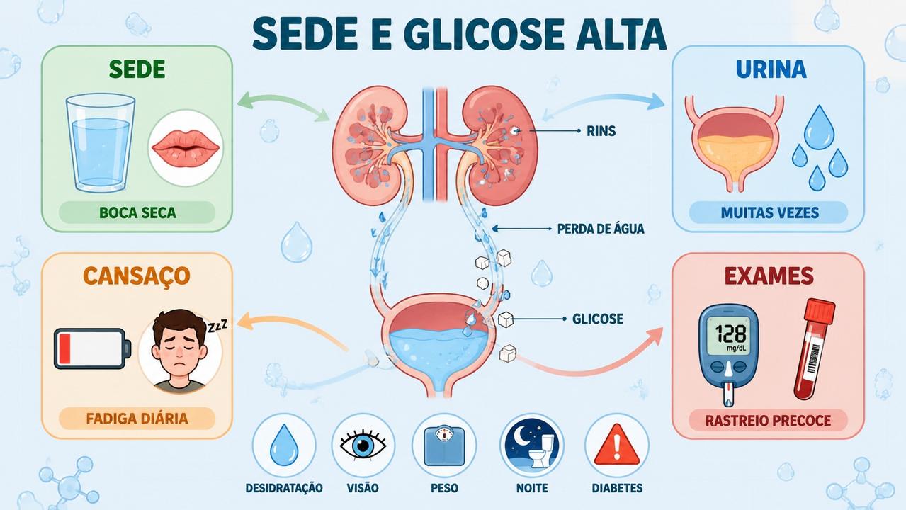 Infográfico resume sinais, perda de água e rastreio precoce da glicose alta.