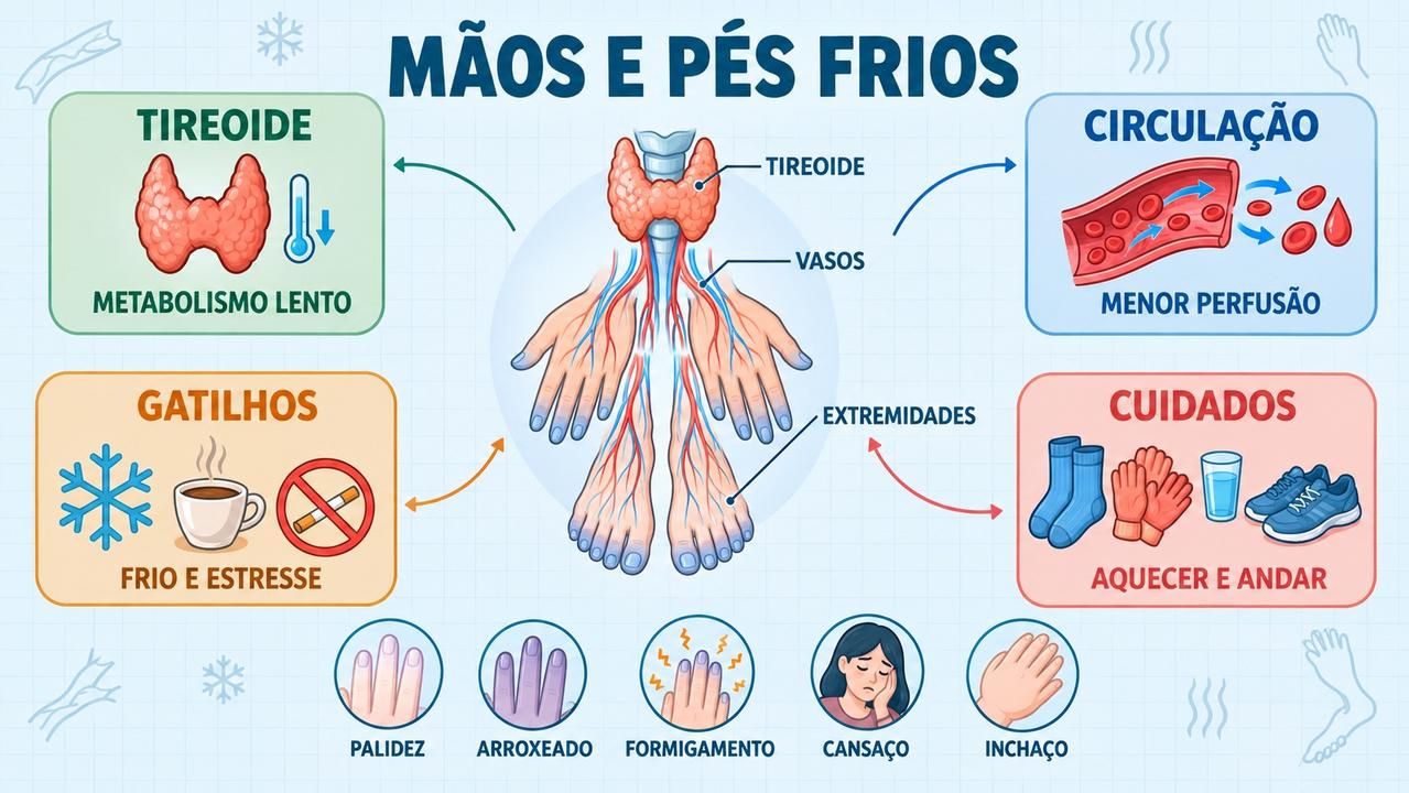 Infográfico resume causas, gatilhos, sinais e cuidados para mãos e pés frios.