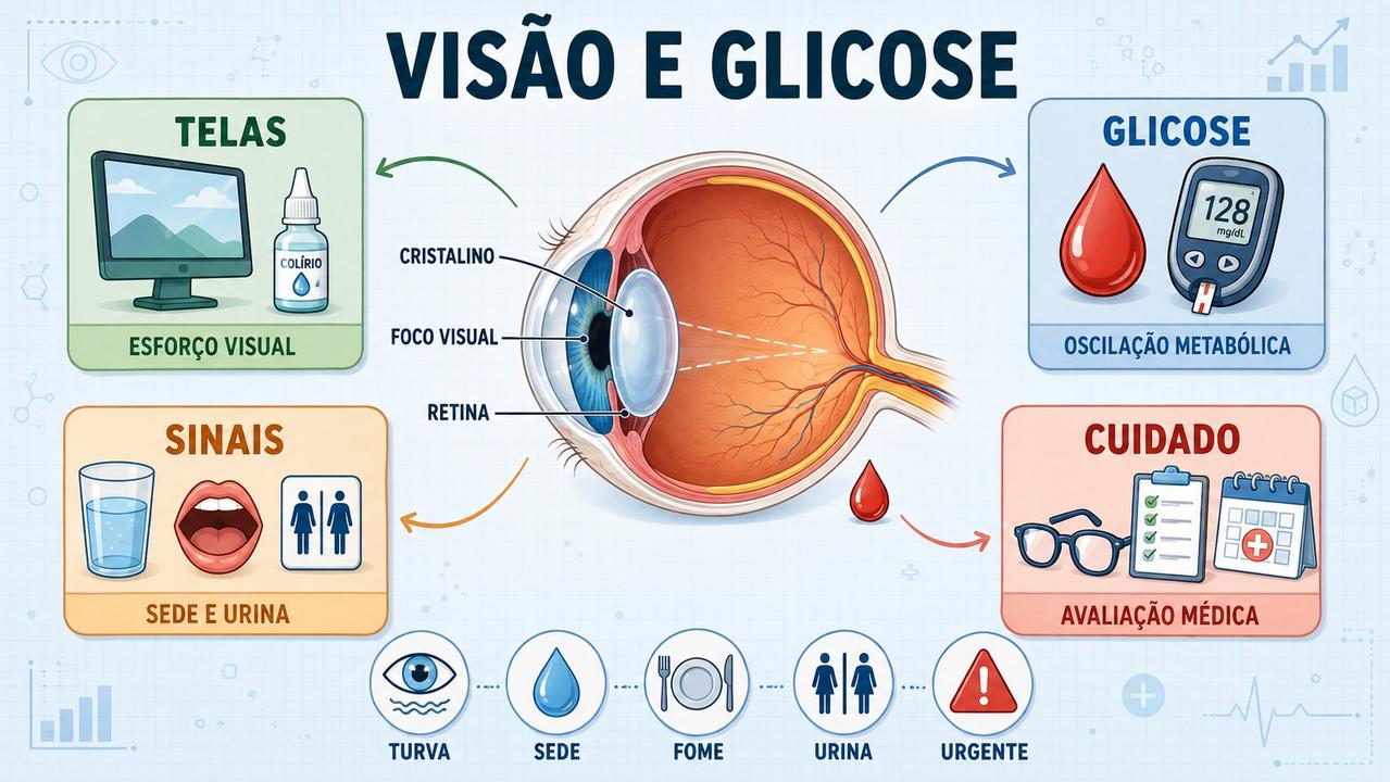Infográfico resume sinais, causas e cuidados da visão turva ligada à glicose.