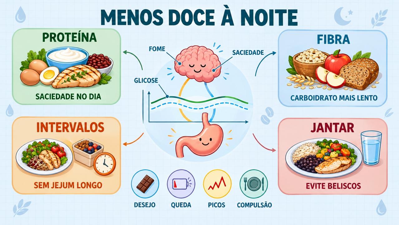Proteína, fibra, intervalos e jantar equilibrado ajudam a reduzir compulsão noturna.