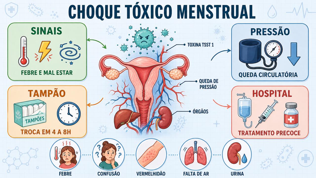 Infográfico resume sinais, pressão, troca do tampão e tratamento hospitalar precoce.