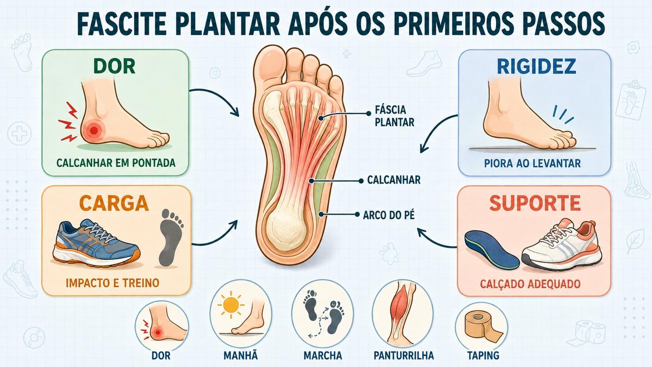 Infográfico resume dor, rigidez, sobrecarga e suporte na fascite plantar.