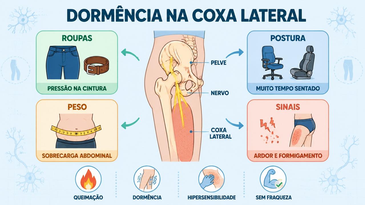 Infográfico resume causas e sinais da compressão do nervo femorocutâneo.
