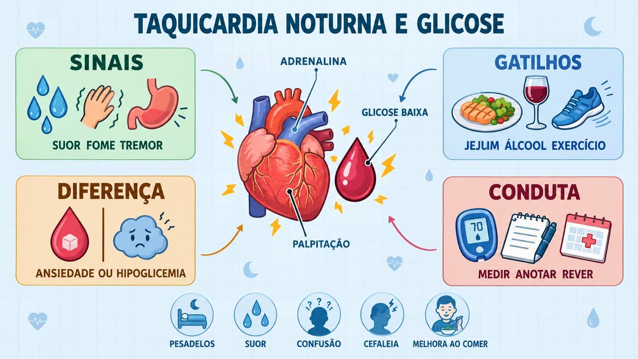 Sinais, gatilhos, diferenças e condutas na hipoglicemia noturna com palpitação.