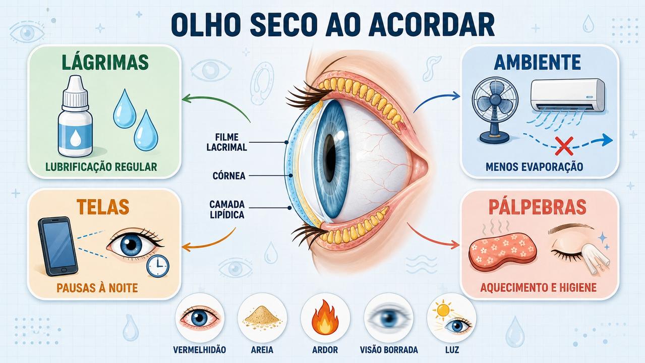 Lubrificação, ambiente, telas e pálpebras formam pilares contra olho seco noturno.