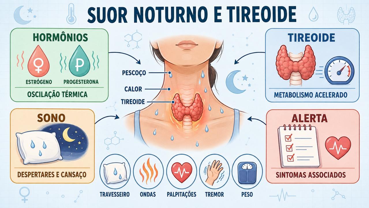 Hormônios, tireoide, sono e sinais de alerta explicam o suor noturno.