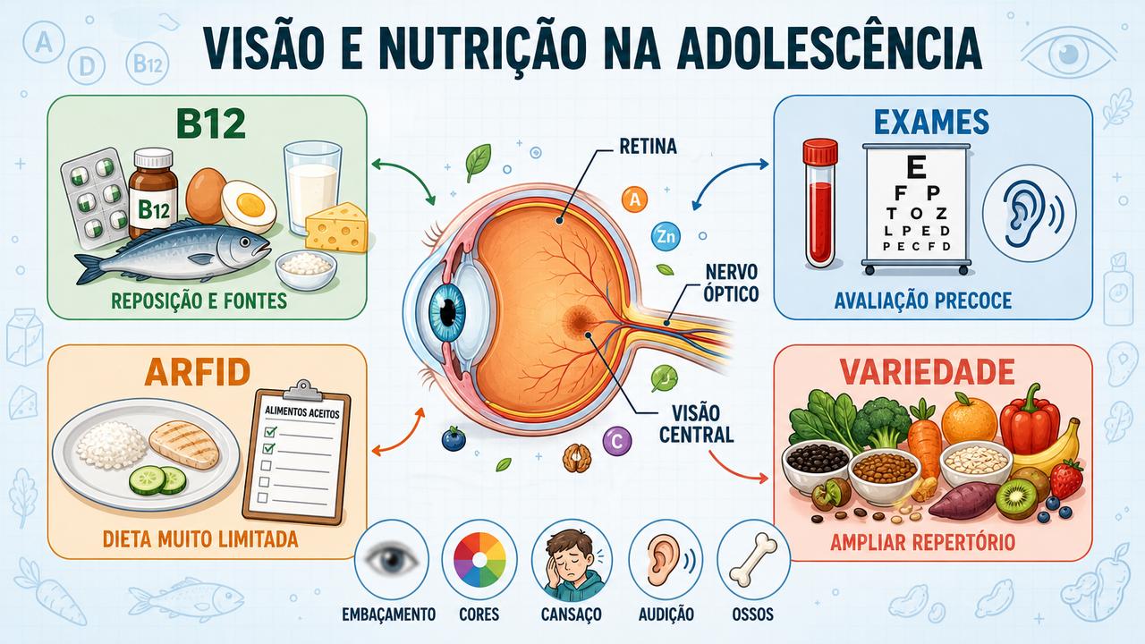 Infográfico mostra B12, exames, ARFID e variedade alimentar como pilares.
