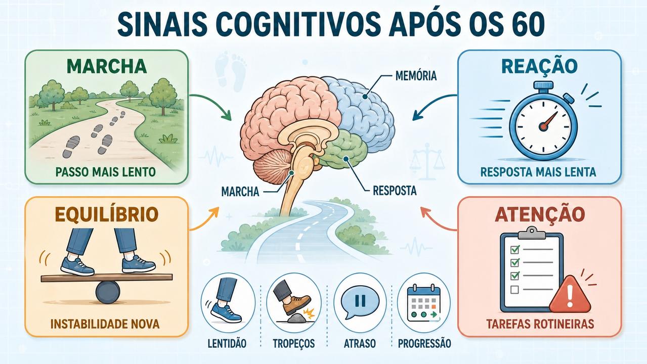 Infográfico resume marcha, reação, equilíbrio e atenção como sinais precoces relevantes.