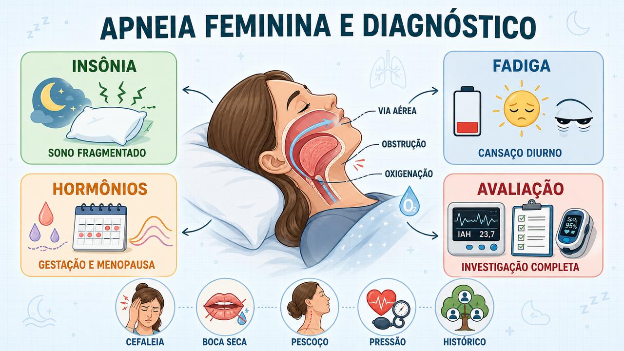 Infográfico resume sinais, hormônios, investigação e sintomas associados à apneia feminina.