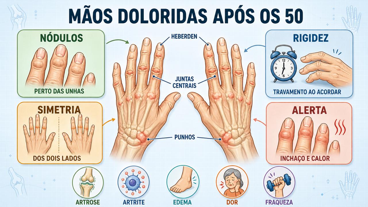 Quatro pistas nas mãos para comparar artrose, artrite, rigidez e sinais inflamatórios.