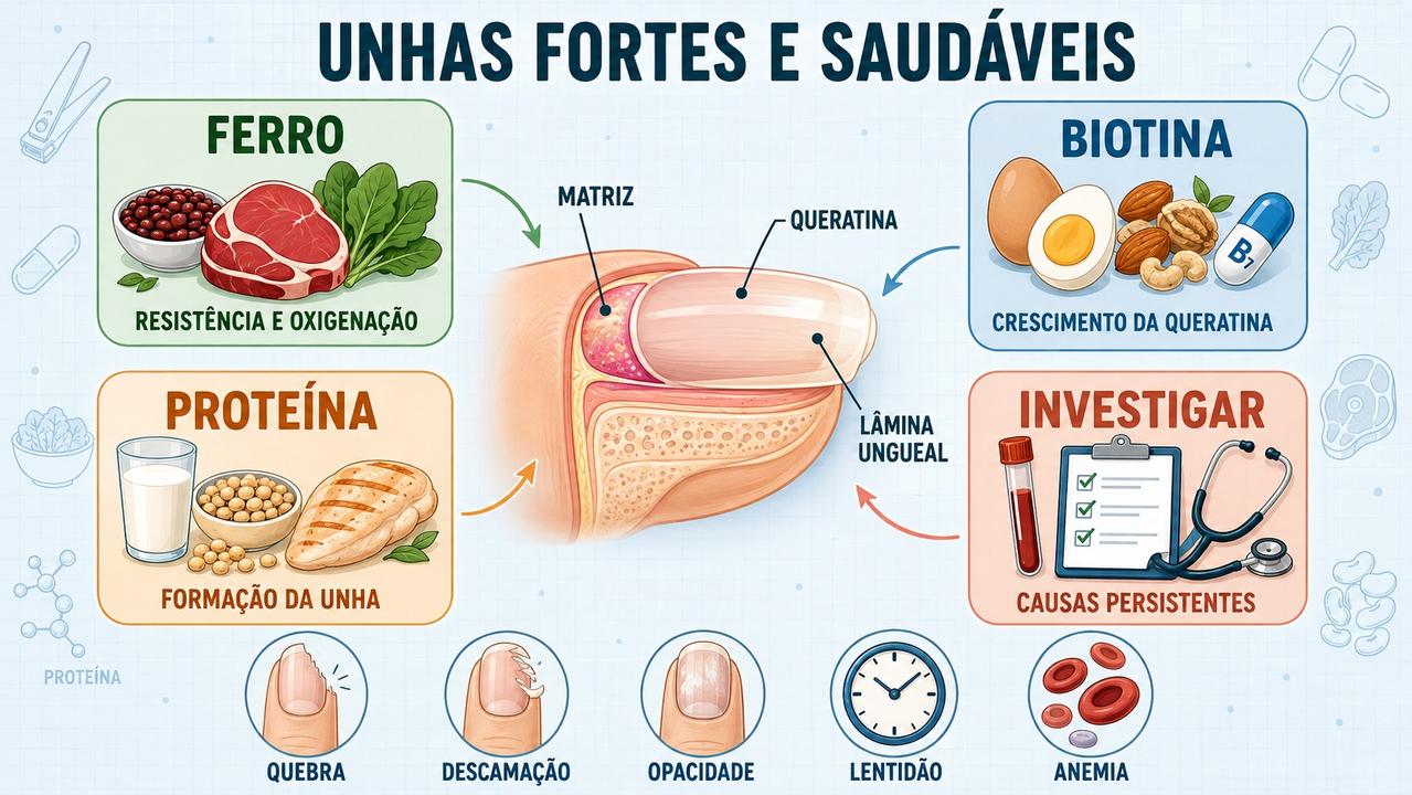Ferro, biotina, proteína e investigação médica sustentam unhas mais resistentes.