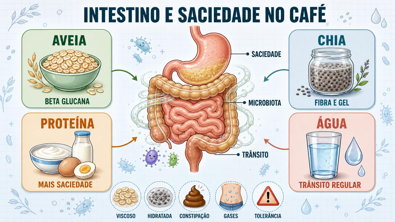 Quatro pilares explicam como aveia e chia influenciam fome e trânsito intestinal.