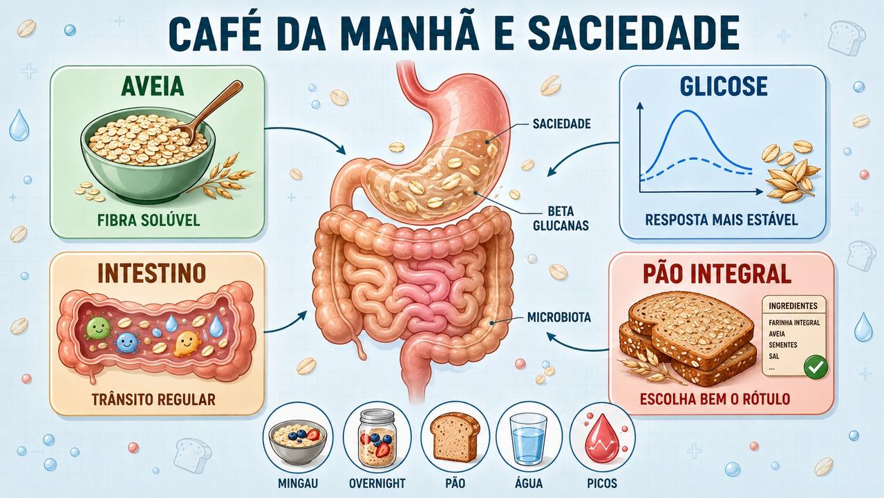 Infográfico resume fibras, glicose, intestino e escolha do pão integral.