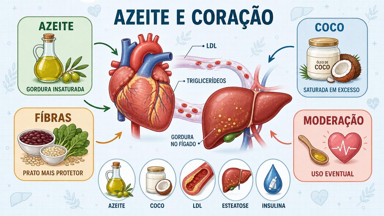 Infográfico resume gorduras, fibras, moderação e efeitos no coração e fígado.