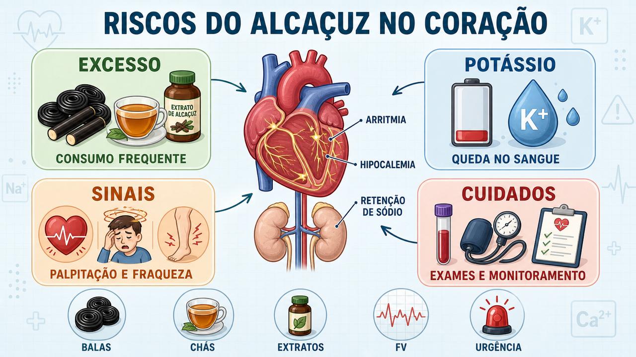 Infográfico resume excesso, hipocalemia, sinais de alerta e cuidados médicos.