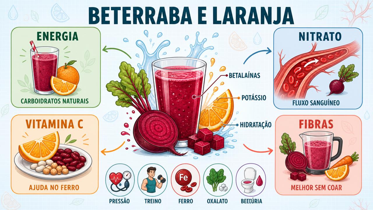 Infográfico resume energia, nitrato, vitamina C e fibras da bebida.