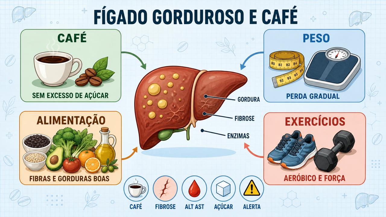 Infográfico resume café, peso, alimentação e exercícios no cuidado da MASLD.