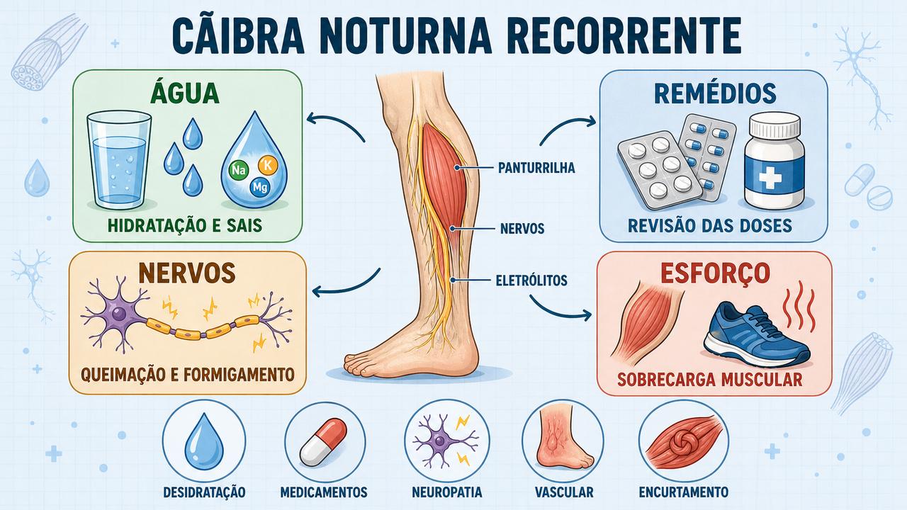 Infográfico resume hidratação, medicamentos, nervos e esforço nas cãibras noturnas.