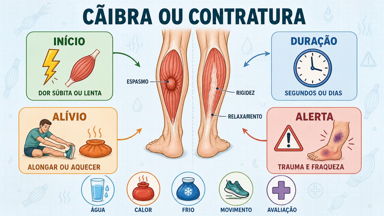 Infográfico mostra diferenças, alívio imediato e sinais de alerta musculares.