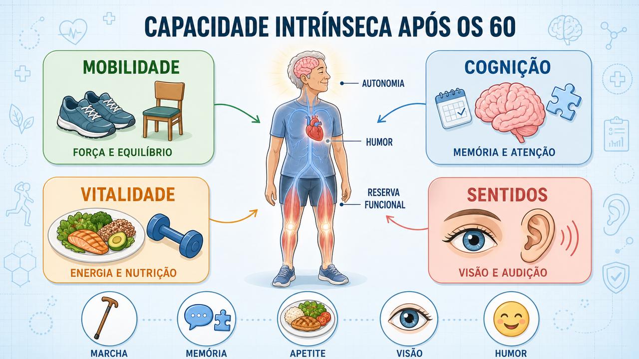Infográfico resume os pilares da capacidade intrínseca no envelhecimento saudável.
